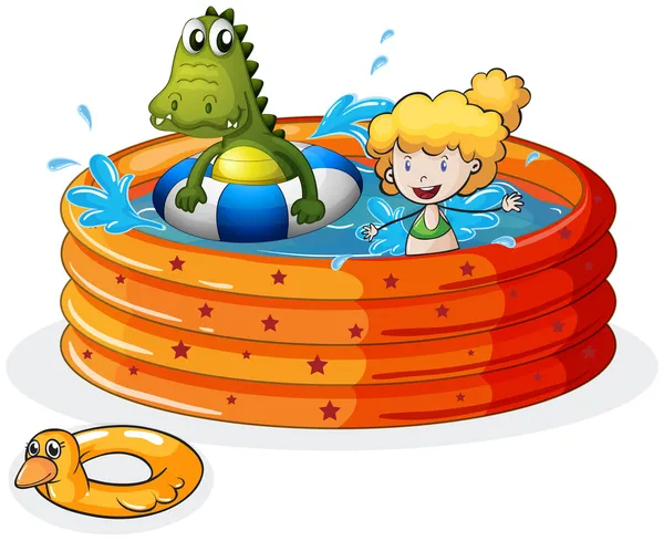 Bir kız ve bir timsah içinde şişme havuz yüzme — Stok Vektör