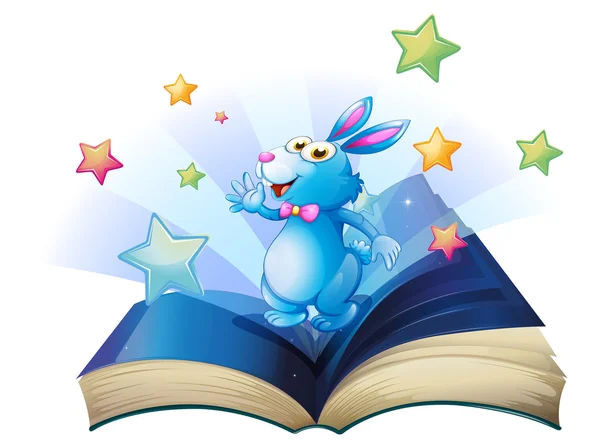 Un libro con un coniglio circondato da stelle — Vettoriale Stock