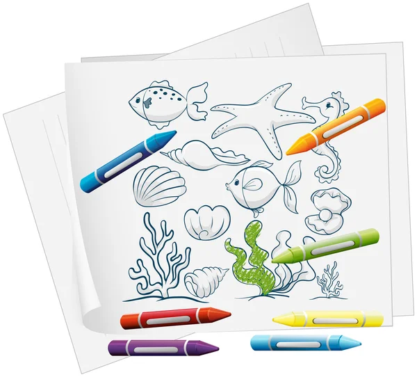 A paper with a drawing of sea creatures and crayons — Stock Vector