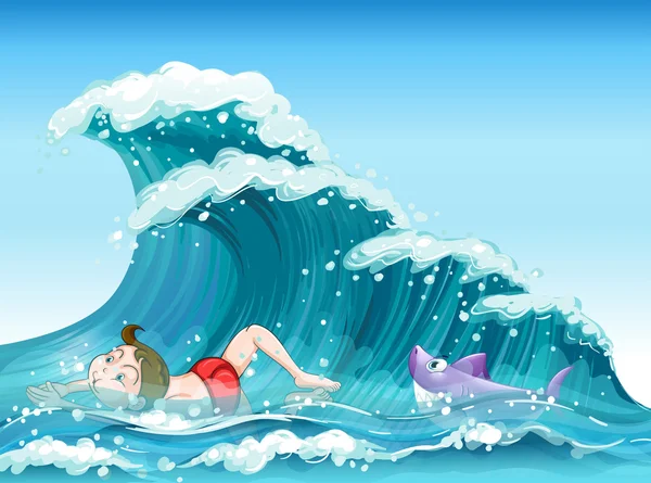 Un garçon nageant avec un requin à l'arrière — Image vectorielle