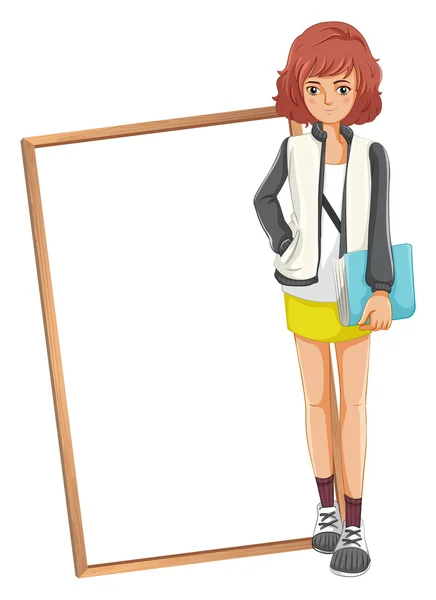 A lady holding a book standing in front of an empty board — Stock Vector