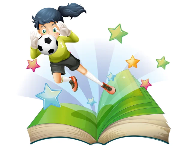 Un libro con una imagen de una futbolista — Vector de stock