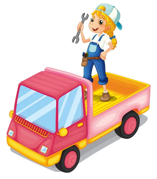 A girl standing above the pink truck — Stock Vector