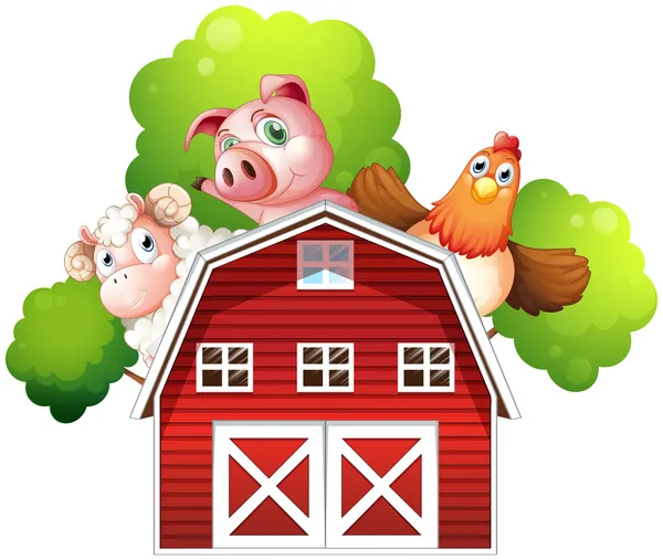 Una oveja, un cerdo y un pollo escondidos en la parte trasera de un granero — Vector de stock