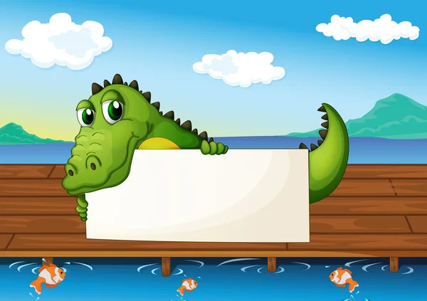 En alligator som innehar en tom skylt vid sjön med fisk — Stock vektor