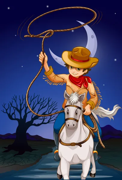 Um cowboy segurando uma corda enquanto montava um cavalo —  Vetores de Stock
