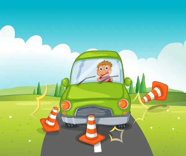 A boy riding on a green car bumping the traffic cones — Stock Vector