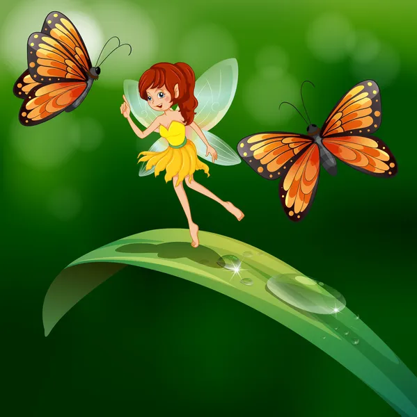 Une fée debout dans une feuille avec des papillons — Image vectorielle