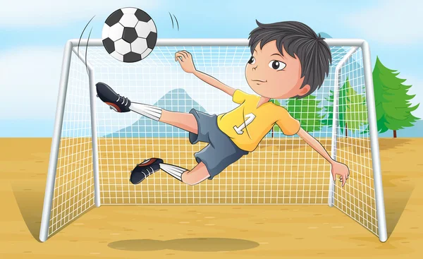 Un footballeur donne un coup de pied à un ballon de football — Image vectorielle