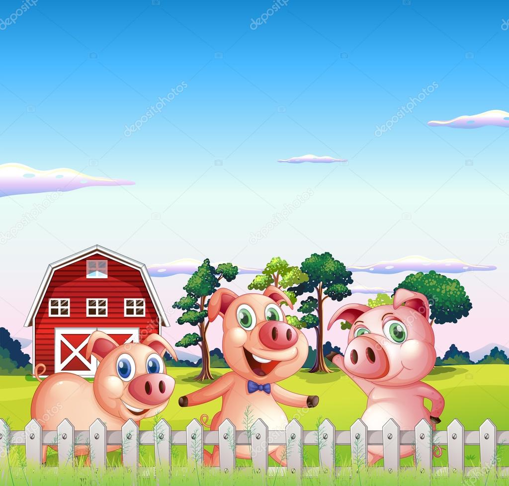Three pigs dancing inside the fence