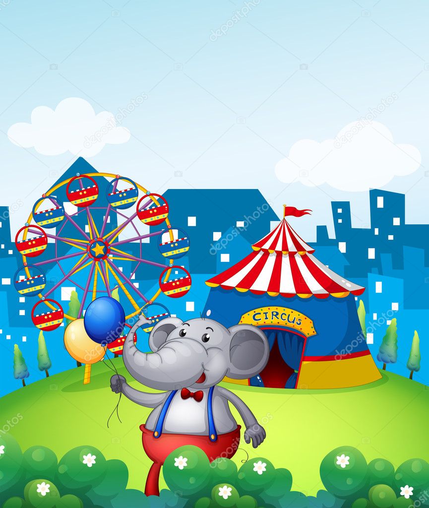 An elephant with balloons in front of a carnival