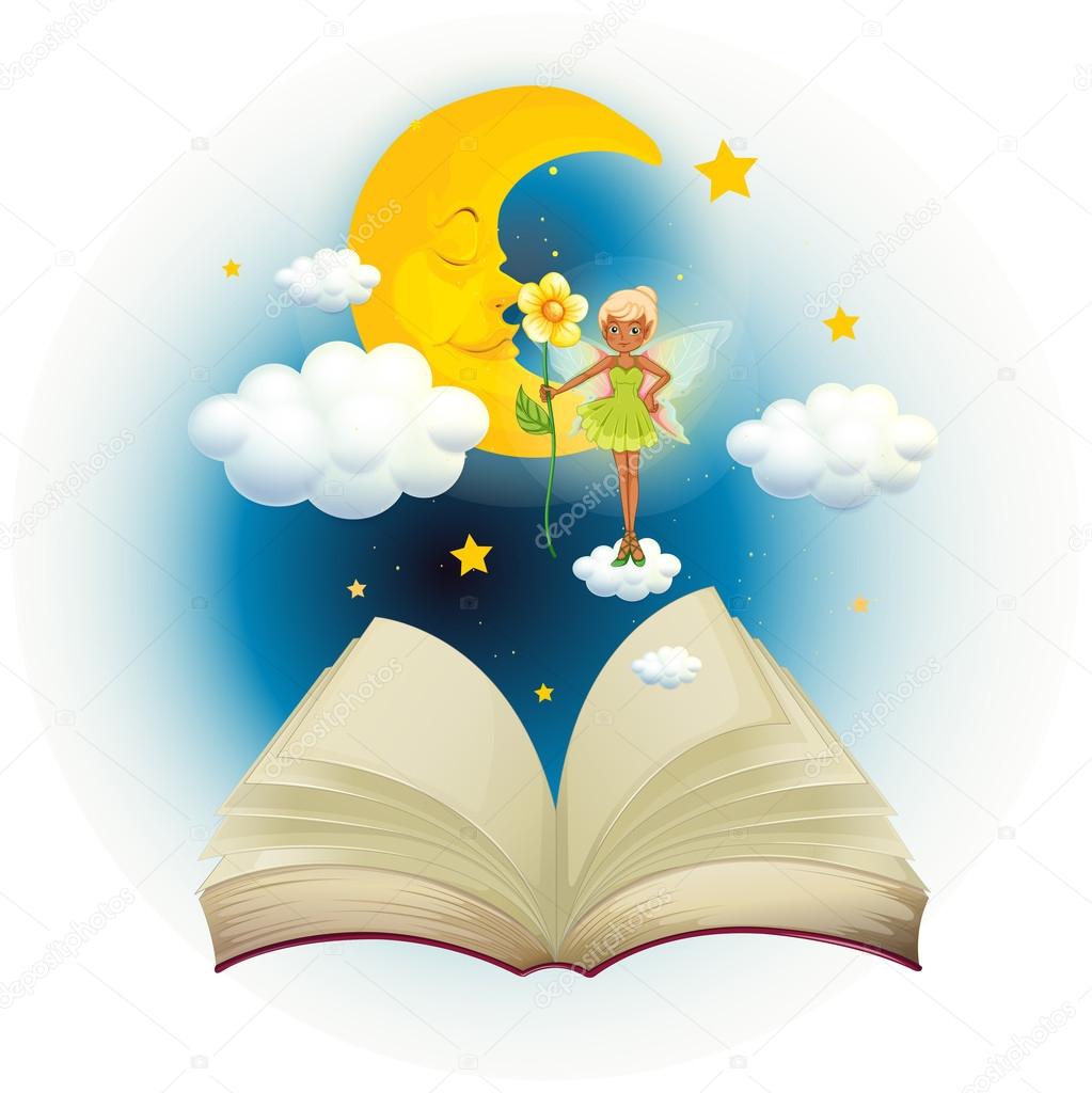 An open book with an image of a fairy and a sleeping moon