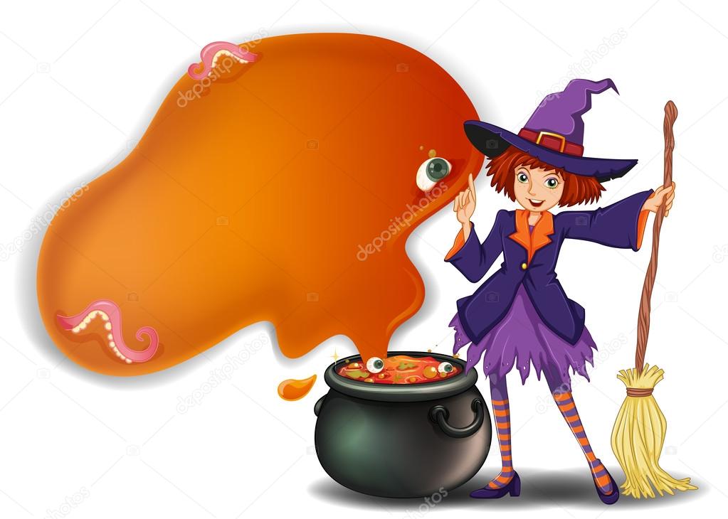 A witch holding a broom with a pot