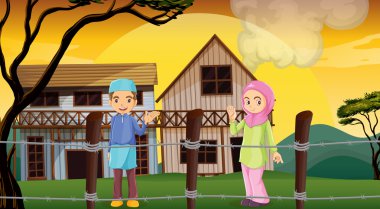 barb tel örgü içinde Müslüman bir çift