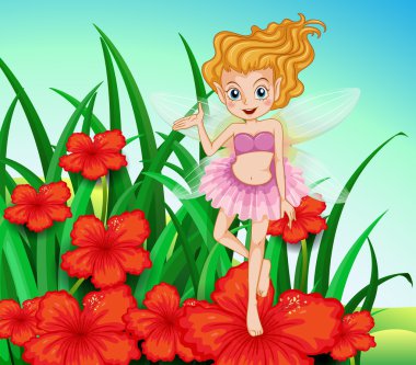 Kırmızı çiçekli bahçesinde bir peri