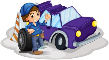hasarlı araç yanında bir tekerlek önünde duran bir çocuk