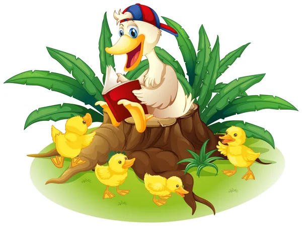 A duck reading on a stump with her ducklings — Stock Vector