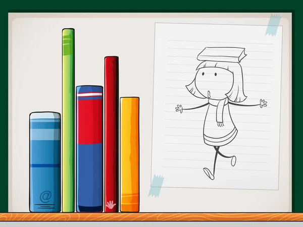 Egy könyv, egy rajz, egy lány mellett a könyvek a polcon — Stock Vector