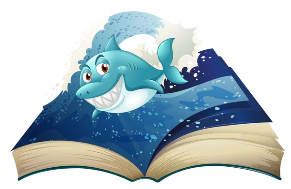 Um livro com um tubarão azul sorridente e ondas —  Vetores de Stock