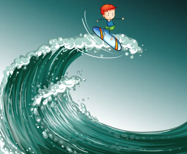 Un niño surfeando con olas grandes — Vector de stock