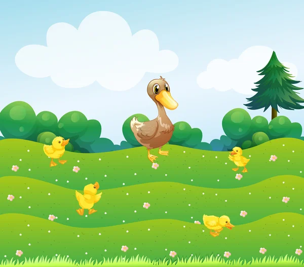 A mother duck and her ducklings in the bushes — Stock Vector