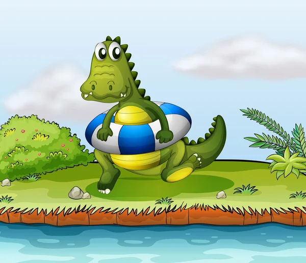 Um crocodilo à beira do rio com uma bóia — Vetor de Stock