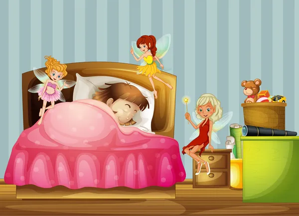 A young girl sleeping with fairies inside her room — Stock Vector