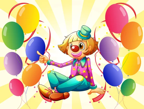 Um palhaço fêmea sentado rodeado de balões coloridos — Vetor de Stock
