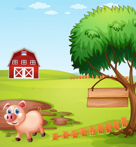 掛かる空看板と木の近くの豚 — ストックベクタ