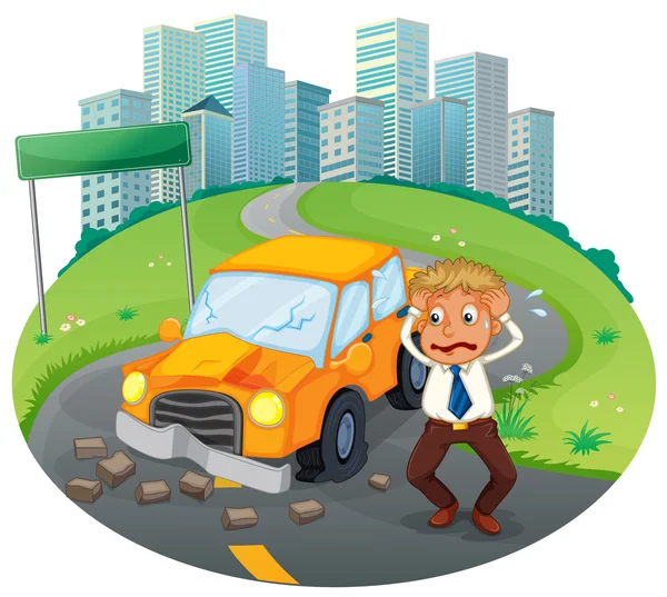 A car accident at the road near the high buildings — Stock Vector