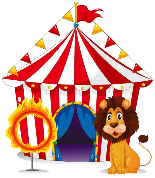 Ένα λιοντάρι και ένα δαχτυλίδι φωτιά μπροστά από την σκηνή του τσίρκο — Διανυσματικό Αρχείο