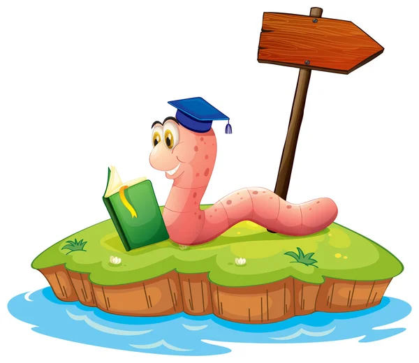 A worm reading a book on an island — Stock Vector