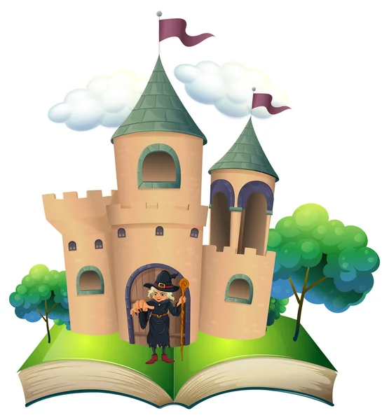 一本书与一座城堡和一个女巫 — 图库矢量图片