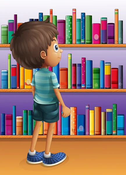 Un chico buscando un libro en la biblioteca — Vector de stock