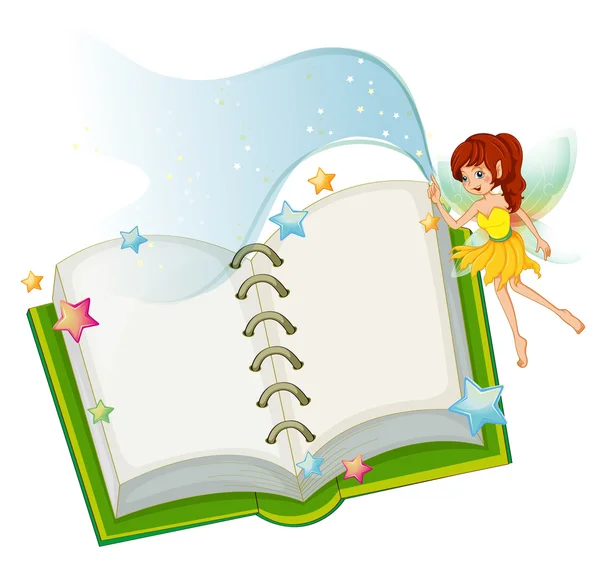 魔法の鍋と杖と魔女打开的书与明星和一位仙女 — 图库矢量图片
