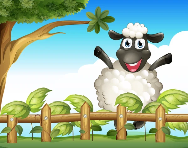 A playful sheep inside the wooden fence — Stock Vector