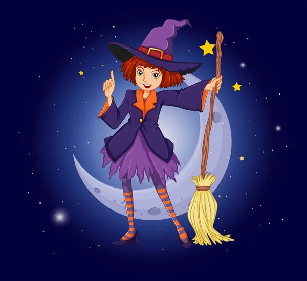 A witch holding a broom with a moon and stars at the back — Stock Vector