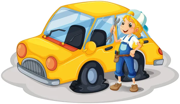 A girl holding a tool beside a car with flat tires — Stock Vector