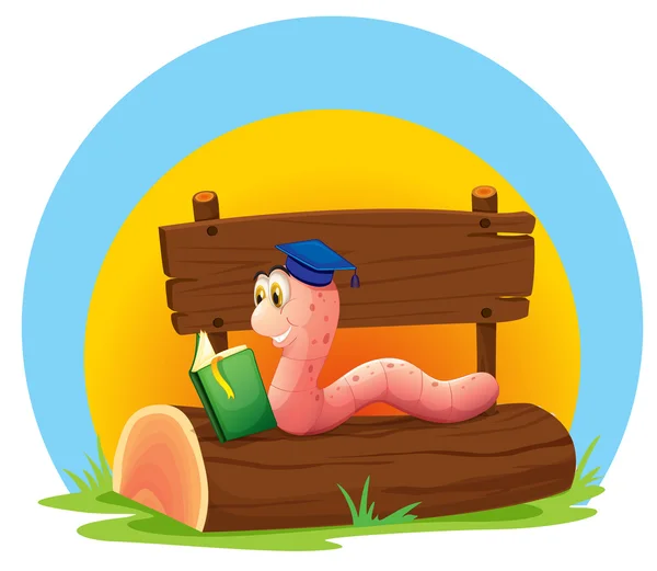 A worm reading a book above a trunk with an empty signage — Stock Vector