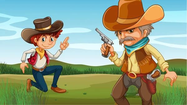 Een jonge en een oude cowboy op de heuvel — Stockvector