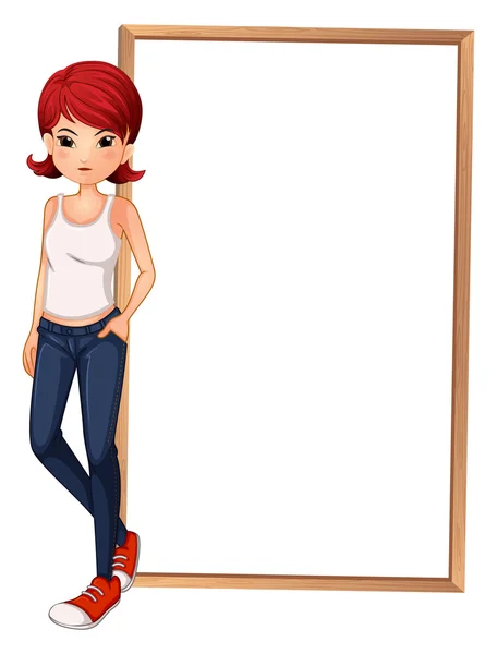 An empty board beside a tall lady — Stock Vector