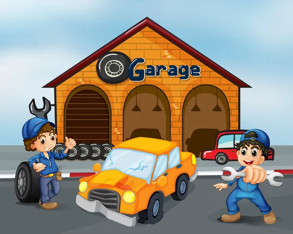 A damaged car in the middle of two boys in front of the garage Stock Illustration