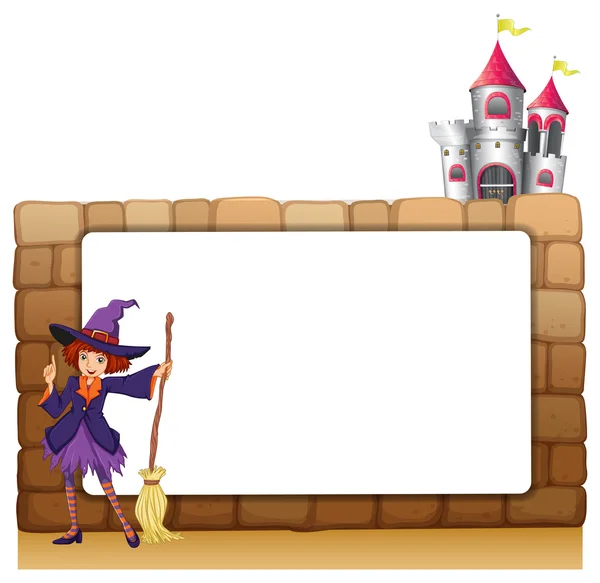 A witch with a broomstick in front of an empty template — Stock Vector