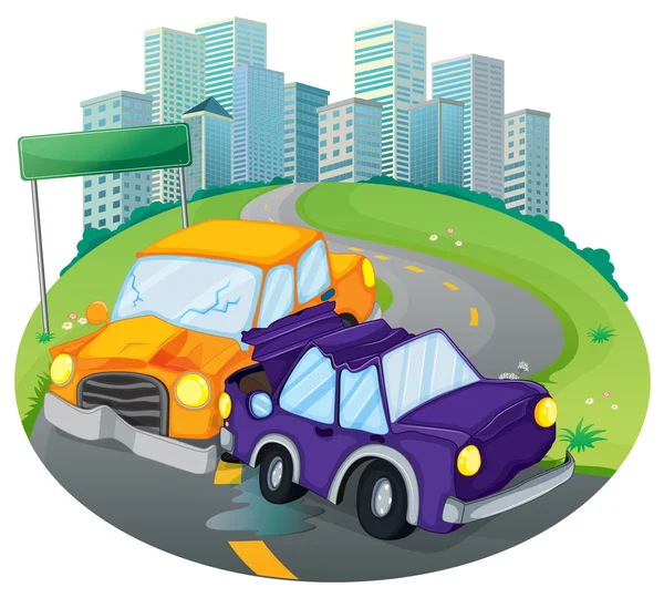 A car crash at the street near the empty green signage Stock Illustration