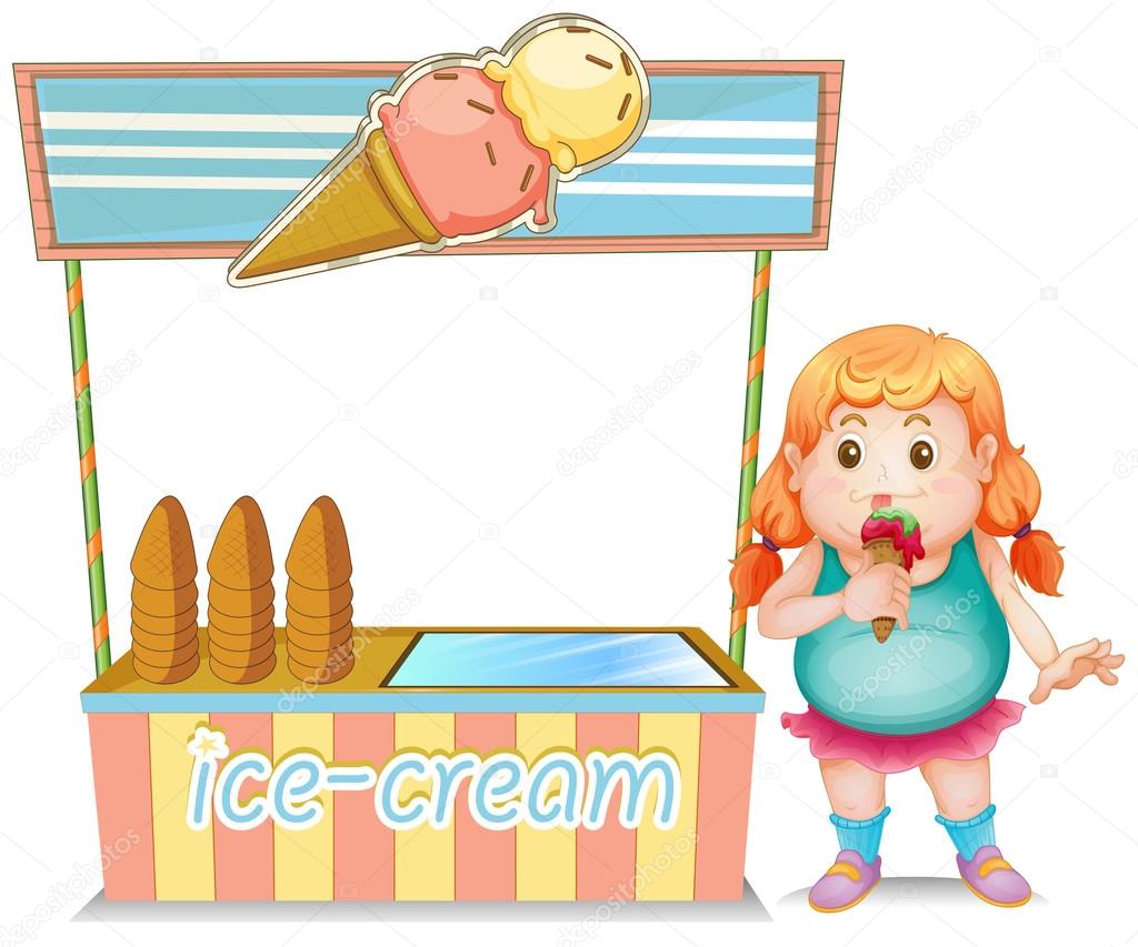 A fat girl eating an ice cream beside the ice cream stand