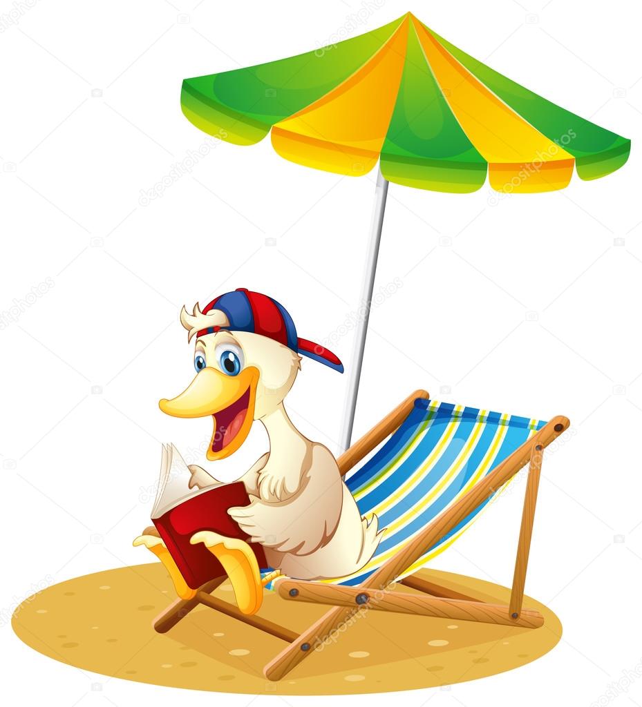 A duck reading at the beach