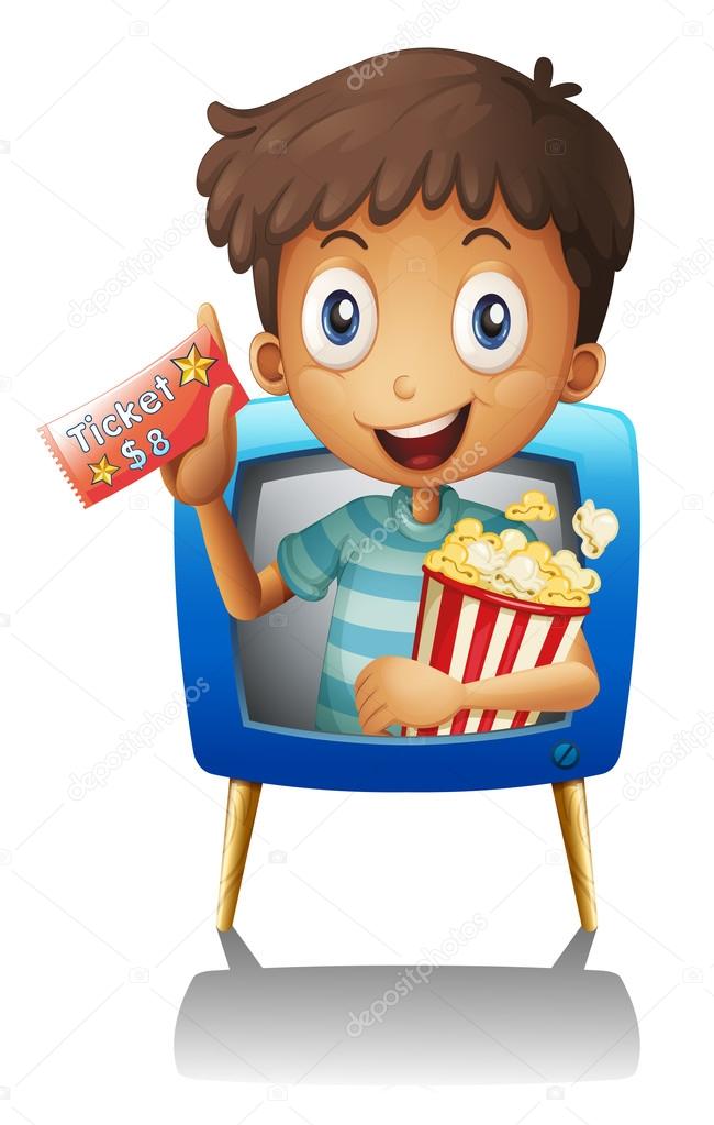 A boy on the television holding a ticket and a popcorn