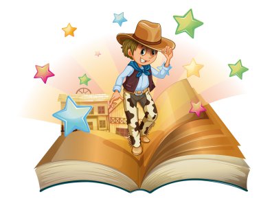 bir kitap ile bir salon bar önünde genç bir kovboy