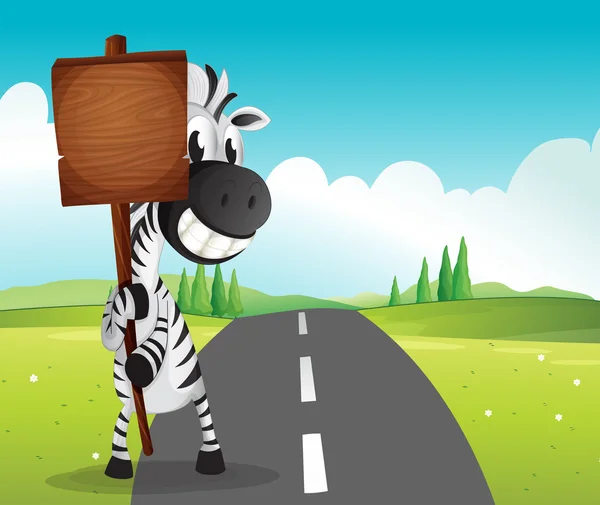 Uma estrada estreita com uma zebra segurando uma tabuleta vazia — Vetor de Stock