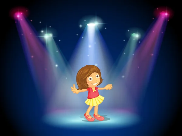 A little girl dancing in the middle of the stage with spotlights — Stock Vector